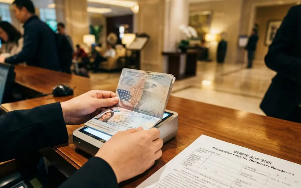 China hotel front desk check in scene passport scanning
